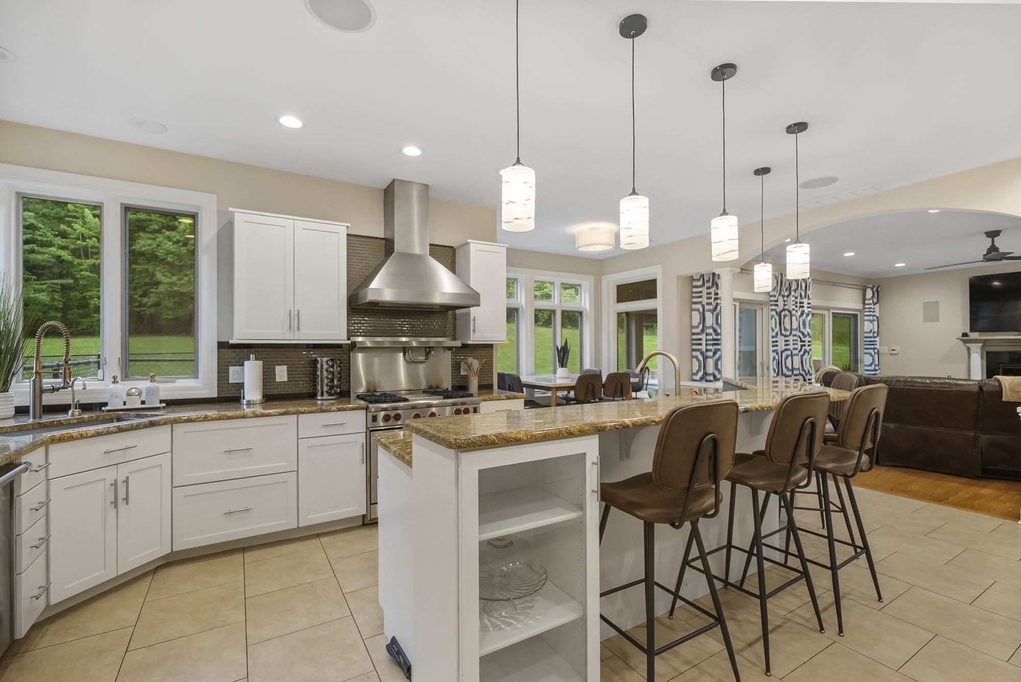 Chef's kitchen island with pendant lights